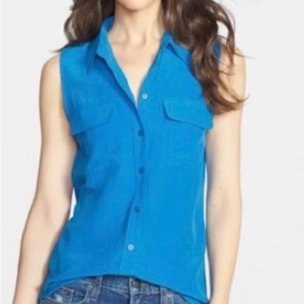 EQUIPMENT FEMME Aqua Blue 100% Silk Collared Sleeveless Blouse Shirt Top S/P